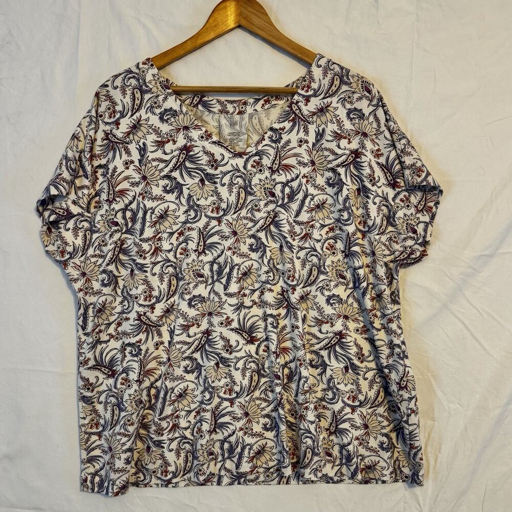 J. Jill Luxe Supima Pleat-Back Tee XL Tall Purple Floral Paisley V-Neck